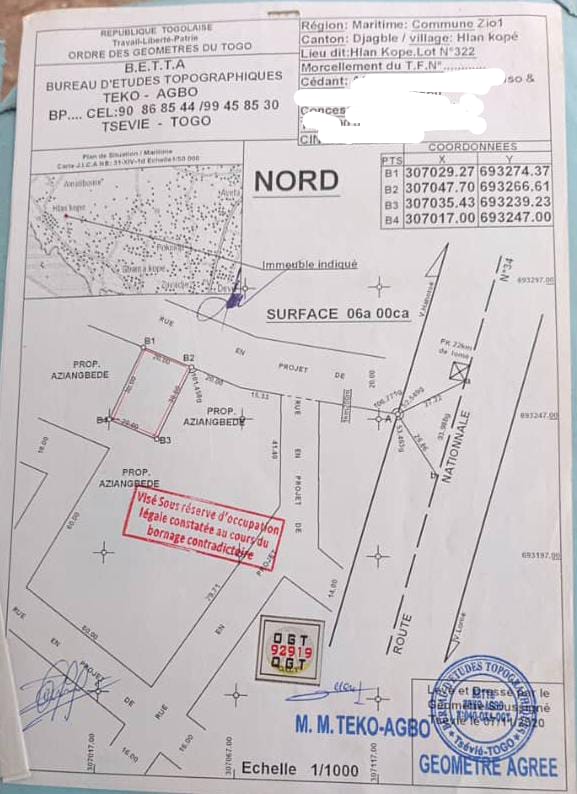 Togo-Un lot à vendre à Djagblé (Hlankopé)