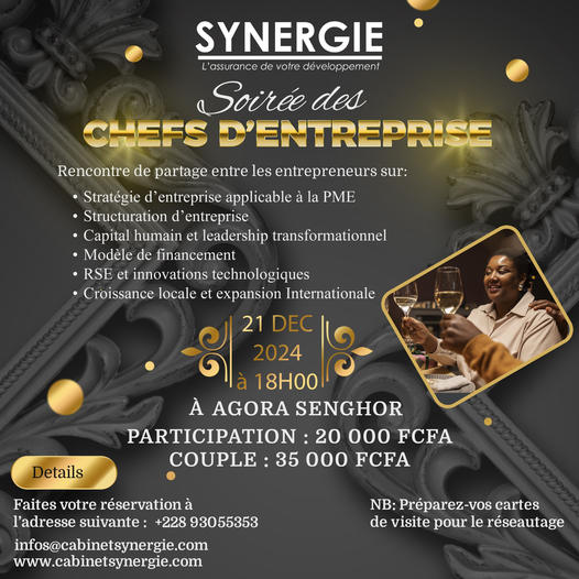 Le cabinet SYNERGIE organise la “Soirée des Chefs d’Entreprises” le 21 décembre à Lomé
